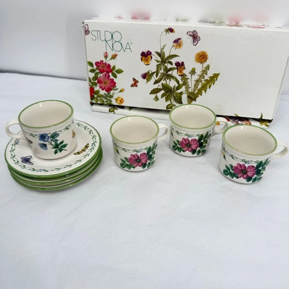 Studio Nova Garden‎ Bloom Espresso Cup Saucer Set Butterfly Floral 8 Piece NEW